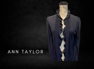 Ann Taylor Loft Navy Blue Ruffle Front High Neck Cardigan Sweater Size M